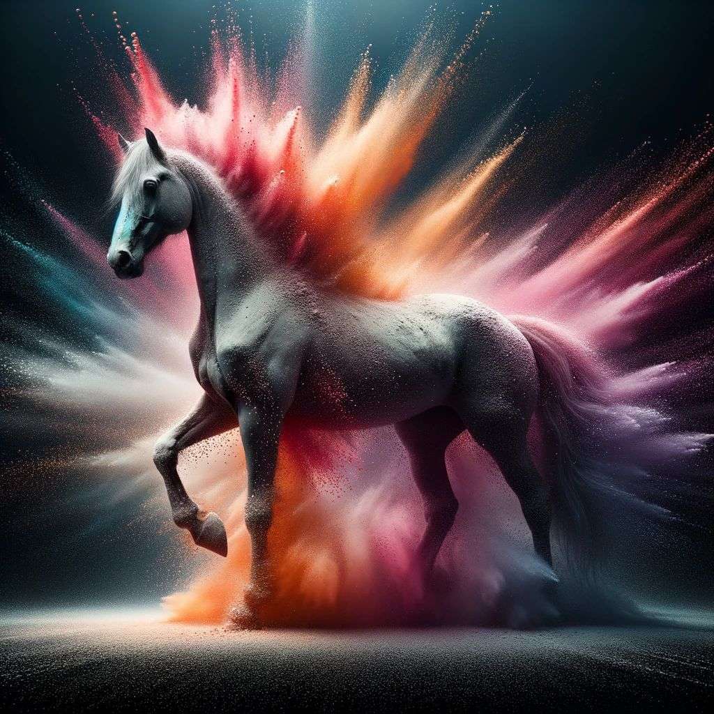 a horse, made from a burst of colored powder, digital art